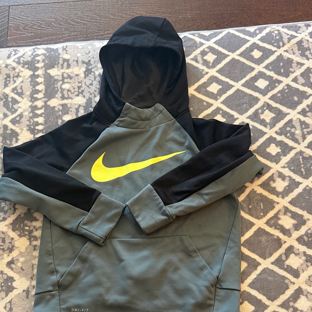 Nike Kids' Black and Gray Hoodie with Yellow Swoosh